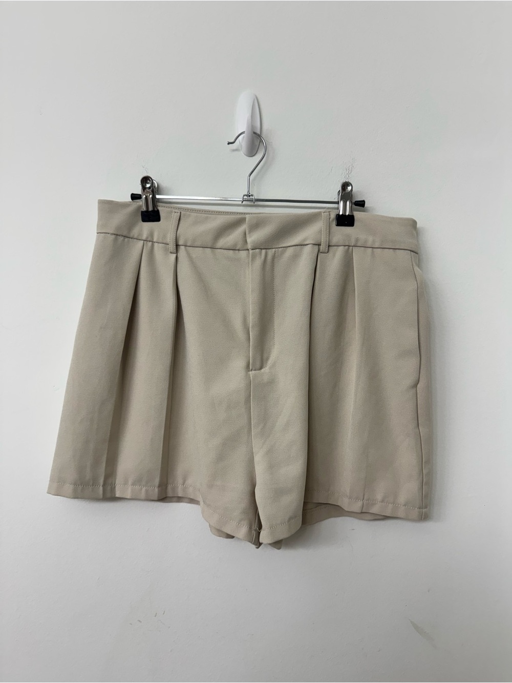 Shinestar Pleated High-Waist Shorts in Beige
